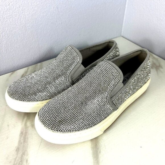 Steve Madden Coulter-R Silver Rhinestone Shinny Slip-on Shoe US 6M Bling - Picture 1 of 6